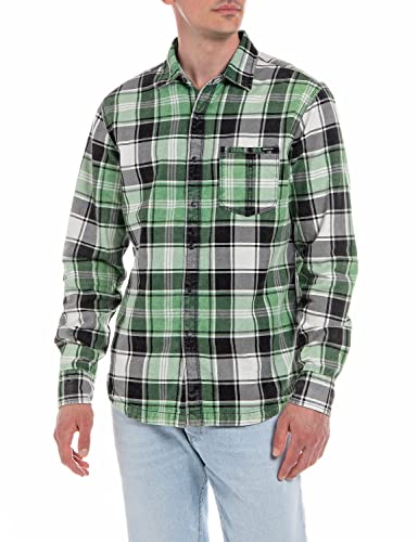 Replay Męska koszula z długim rękawem z bawełny, wielokolorowa (Black/Green/White 010), XXL, czarny/zielony/biały 010, XXL