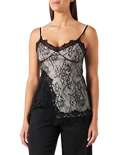 Pinko Damski top perforowany koronkowy Valencienn podkoszulek, Zdg_Black/Butter, UK XL, Zdg_czarny/masło, 46