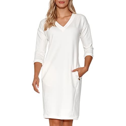 Makadamia Sukienka Damska | Rozmiar 36/38 | Kolor: śmietankowy | Dzianinowa | Casual Basic Styl | Wygodny Krój | Dekolt w Serek | Skład: 95% bawełna, 5% elastan