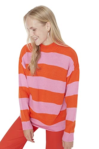 Trendyol Damska bluza z okrągłym dekoltem w bloki kolorów, pomarańczowy, S
