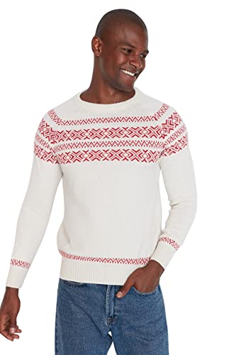 Trendyol Męska bluza z okrągłym dekoltem Colorblock Slim sweter, Ecru, M, Ecru, M
