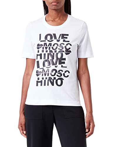 Love Moschino Damska koszulka o regularnym kroju z krótkim rękawem z brokatowym krojem, optical white, 48