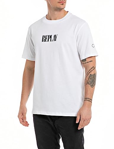 Replay Męski T-shirt z krótkim rękawem, okrągły dekolt, logo, Biały 001, 3XL