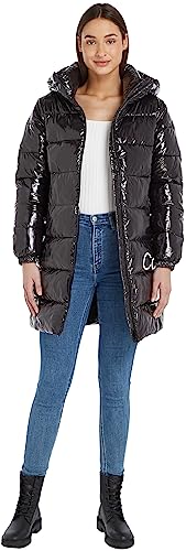 Calvin Klein Jeans Damskie błyszczące długie dopasowane płaszcze wyściełane, Czarny, S