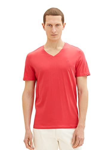 T-shirt męski TOM TAILOR Basic z dekoltem w szpic, 31045-miękka jagodowa czerwień, S
