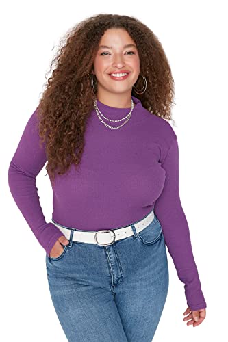 Trendyol Damska bluzka w rozmiarze plus size dopasowana stójka z dzianiny plus size, Fioletowy, 5XL (Duże Rozmiary)