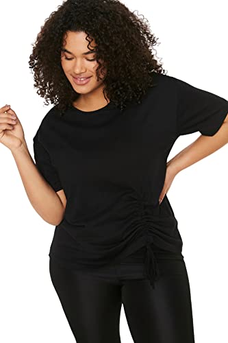 Trendyol Damska koszulka plus size regularna zmiana okrągły dekolt dzianina plus size, Czarny, 4XL Duże Rozmiary