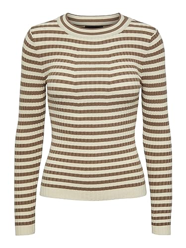 PIECES Damski sweter PCCRISTA LS O-Neck Knit NOOS BC Pullover, Fossil/Stripes:with Birch Stripes M, L