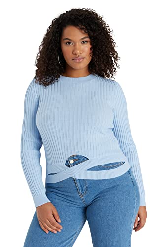 Trendyol Damska dopasowana obcisła dzianina z okrągłym dekoltem plus size bluzka koszula, NIEBIESKI, 5XL (Duże Rozmiary)