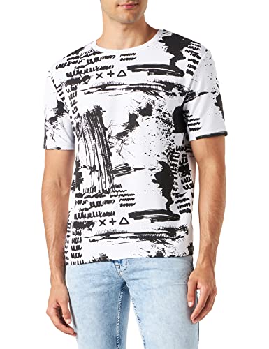 Koton Męski T-shirt z nadrukiem psychodelicznym i okrągłym dekoltem, Biały wzór (0d0), M
