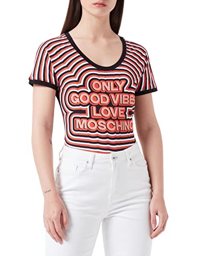 Love Moschino Damska koszulka z dżerseju z głębokim okrągłym dekoltem i panelem Only Good Vibes Lm, czarny, 44 PL