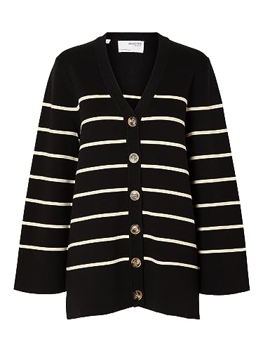 SELECTED FEMME Damski kardigan długi oversize, Czarne/paski: brzoza, S