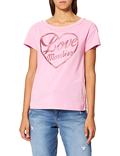 Love Moschino Damska koszulka bokserska z krótkim rękawem, trymed with Pearls On Along The Neckline, Rosa, 44