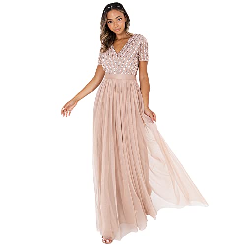 Maya Deluxe Damska sukienka maxi, dekolt w serek, plus size, z krótkim rękawem, elegancka sukienka dla panny młodej, taupe Blush, 56