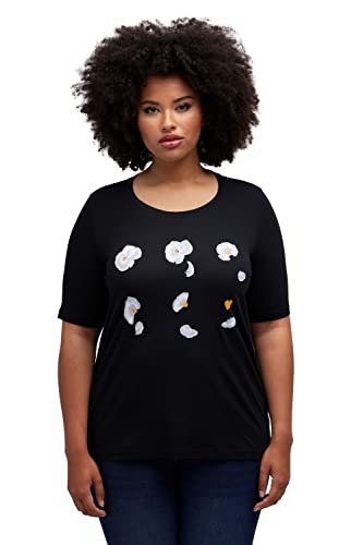 Ulla Popken Damska koszulka duże rozmiary plus size, fiołek, klasyczna, okrągły dekolt, półrękaw 816178, czarny, 42-44