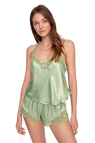 Trendyol Damski gładki średni tkany stanik - zestaw piżam szortów, ZIELONY, 64
