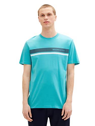 TOM TAILOR Denim T-shirt męski z nadrukiem logo, 31044 – głęboki turkus, S