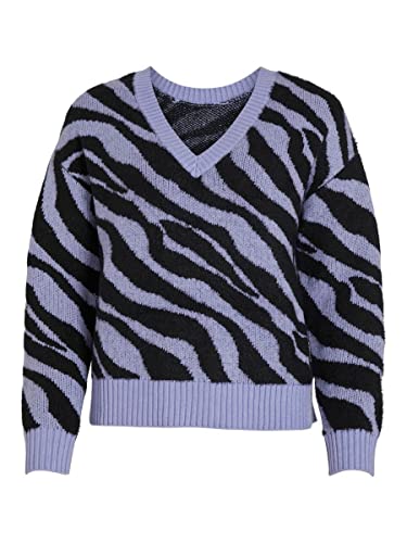 Vila Women's VIRIL FEAMI Mix V-Neck L/S Knit TOP-NOOS sweter, Pale Iris/Pattern: with Black, L, Pale Iris/wzór: z czarnym, L