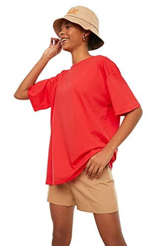 Trendyol Damska koszulka Basic Oversize Basic Crew Neck Knit, Czerwony, XL