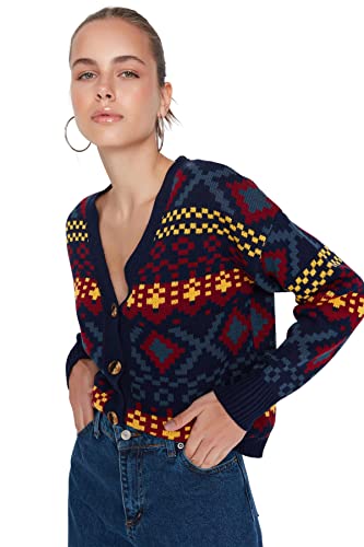 Trendyol Damski sweter rozpinany z dekoltem w serek, granatowy, S, granatowy, S