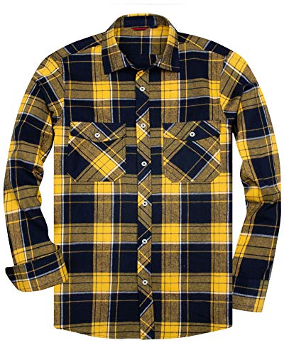 siliteelon Koszula flanelowa męska bawełniana koszula w kratkę Męska koszula z długim rękawem Regular Fit Casual Plaid Shirt, Żółty-czarny, L