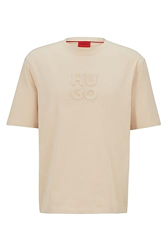 HUGO Męski T-shirt Dleek Relaxed-Fit z bawełny z logo Stack, Light Beige275, M