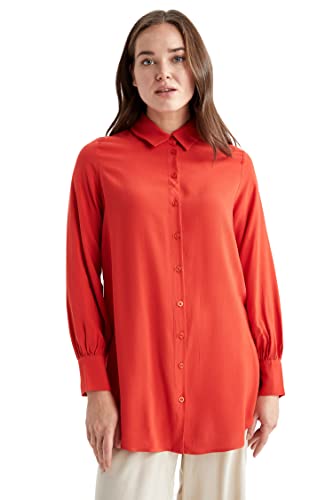 DeFacto Damska bluzka z długim rękawem, koszula z guzikami, do noszenia na co dzień, czerwony, S