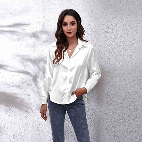 Clotth Damska koszula z długim rękawem z satynowego jedwabiu Button Down Shirt, White-XL, XL