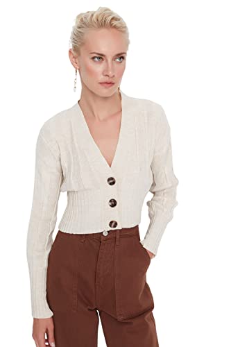 Trendyol Damski sweter z dzianiny Crop Standard dekolt w serek, KAMIEŃ, L