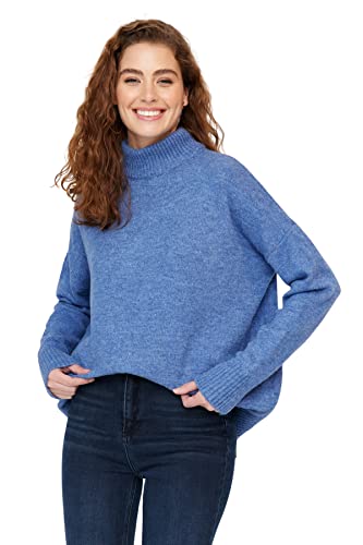 Trendyol Damski sweter oversize basic stojący kołnierz dzianinowy, NIEBIESKI, M