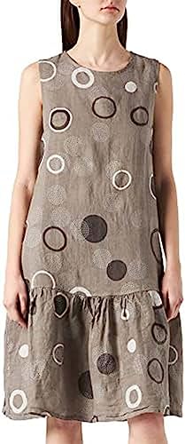 Bonateks, Średniej długości okrągły kołnierz sukienka z nadrukiem i marszczonym dnem, 100% len, rozmiar DE: 40 rozmiar US: L, kret - wyprodukowano we Włoszech, beżowy, 40