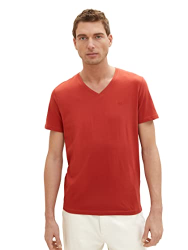 T-shirt męski TOM TAILOR Basic z dekoltem w szpic, 14302-aksamitna czerwień, S