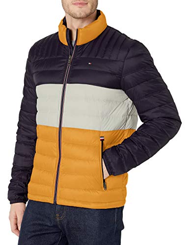 Tommy Hilfiger Męska kurtka puchowa z prawdziwej puchowej kurtki puchowej, Żółty/granatowy, L