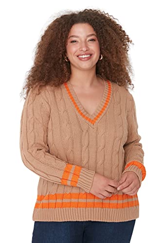 Trendyol Damska bluza z dekoltem w serek geometryczny wzór luźny sweter plus size, wielbłądzi, 3XL, Wielbłądzi