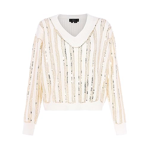 faina Damski sweter z dzianiny z dekoltem w serek i cekinami Wełnowo-biały, rozmiar M/L, biały (wollweiss), XL