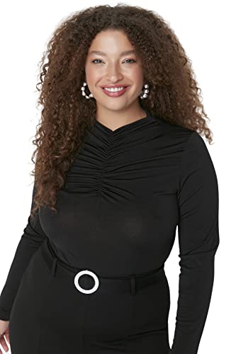 Trendyol Damska koszula slim dopasowana z okrągłym dekoltem z dzianiny plus size body, Czarny, XL