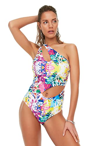 Trendyol Kolor damski szczegółowy kostium kąpielowy z abstrakcyjnym wzorem Wycięcie One Piece Swimsuit, różowy, 36