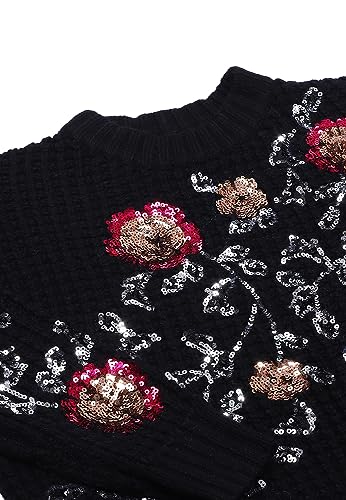 faina Damski sweter z cekinami, kwiat, okrągły dekolt, sweter, sweter, czarny, rozmiar XS/S, czarny, XS