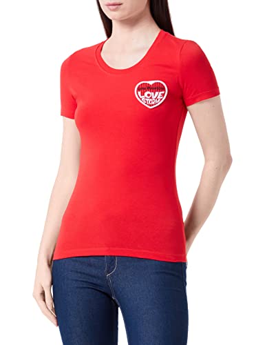 Love Moschino Damska koszulka z krótkim rękawem z haftem Love Storm z efektem dzianiny w kształcie serca, Czerwony, 70