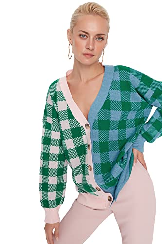 Trendyol Damski sweter oversize standardowy dekolt w serek dzianinowy sweter, ZIELONY, S