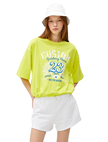 Koton Damska koszulka z nadrukiem z okrągłym dekoltem, z krótkim rękawem, elastyczna talia, Zielony (973), S