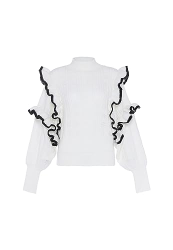 faina Damski sweter z dzianiny w stylu vintage z falbankami wełniany biały rozmiar XL/XXL, biały (wollweiss), XL
