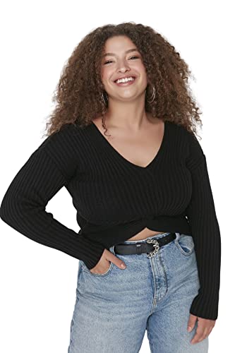 Trendyol Damska bluza z dekoltem w serek zwykły zwykły sweter plus size, Czarny, XL