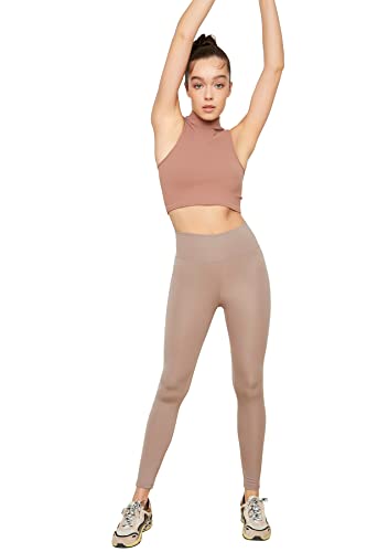 Trendyol Damska odzież sportowa wysoka talia skinny fit pełnowymiarowe legginsy sportowe, Wielbłądzi, XS