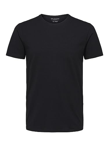 SLHNEWPIMA koszulka męska Selected Basic, jednokolorowa, okrągły dekolt, krótki rękaw, dżersej, rozciągliwa bawełna, czarny (BlackBlackBlack)., L