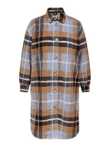 Only Carandrea Long Shacket CC Otw Płaszcz Damski, brązowy tytoń/checks: ciemnoniebieski, L duże rozmiary