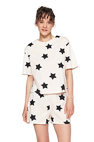 Trendyol Damska koszulka z dzianiny geometrycznej ze średnim wzorem - zestaw krótkich piżam, różowy, L, różowy, L