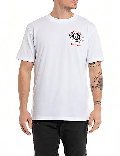 Replay Męski T-shirt z krótkim rękawem, okrągły dekolt, Speedshop, biały (White 001), XS, Biały 001, XS
