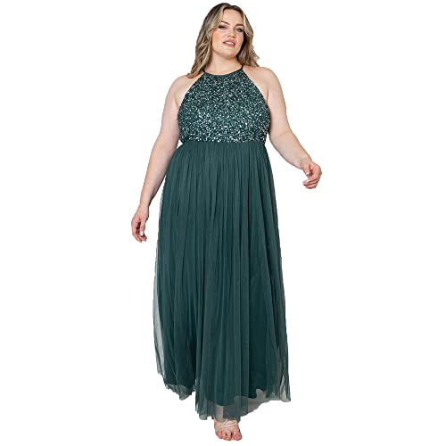Maya Deluxe damska sukienka dla panny młodej Maxi sukienka halter dekolt cekiny upiększony prom, ukończenie szkoły, suknia ślubna dla druhny, Szmaragdowa zieleń, 54