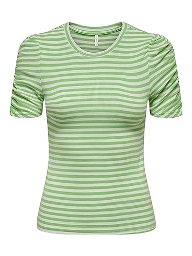 ONLY Women's ONLBELIA 2/4 Ruching TOP Box JRS T-Shirt, Summer Green/Stripes:Cloud Dancer (Ola), XS, Summer Green/Stripes: cloud Dancer (Ola), XS